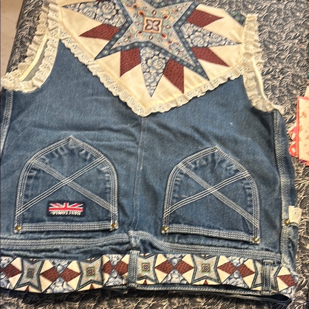 Hand Crafted Blue, redish  and White Patchwork Vest Britania jeans.